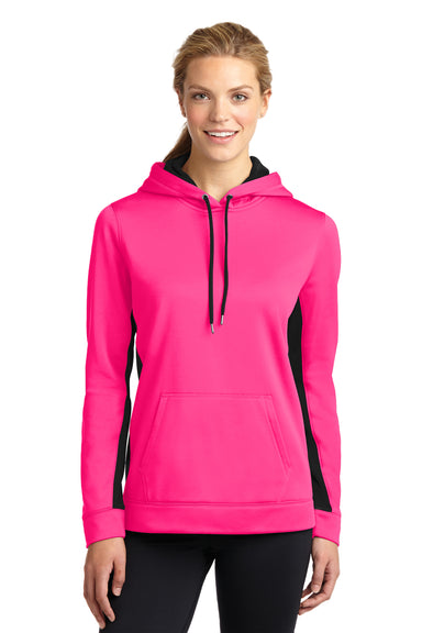 Sport-Tek LST235 Womens Sport-Wick Moisture Wicking Fleece Hooded Sweatshirt Hoodie Neon Pink/Black Front