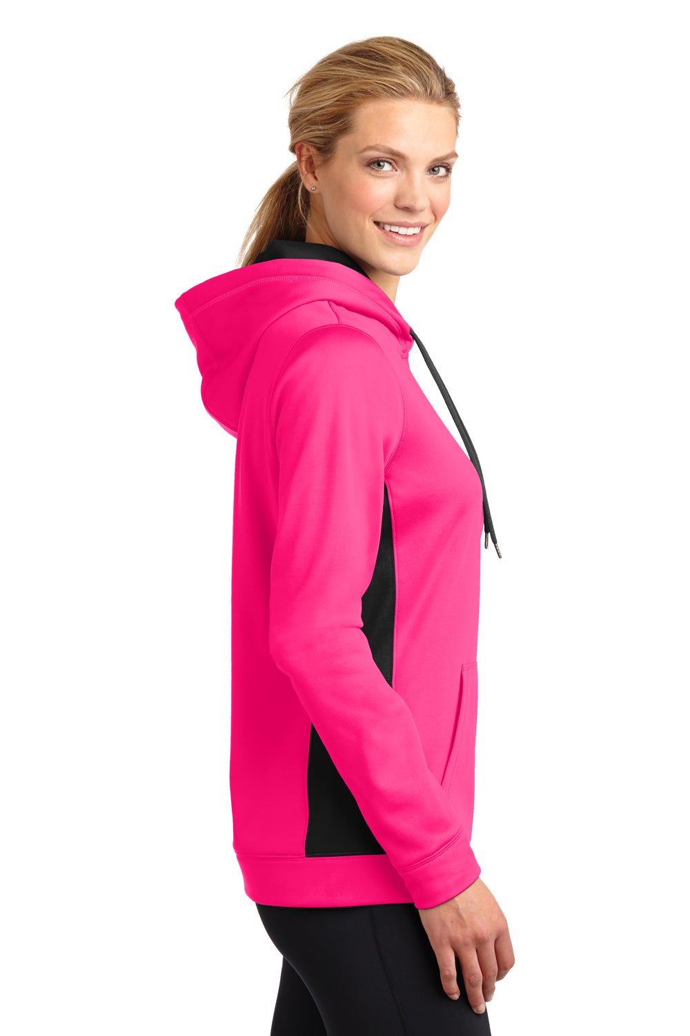 Sport-Tek LST235 Womens Sport-Wick Moisture Wicking Fleece Hooded Sweatshirt Hoodie Neon Pink/Black Side