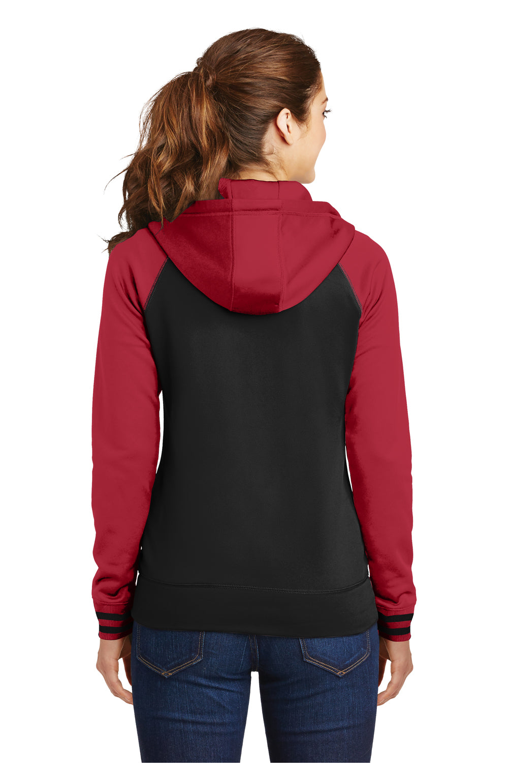 Sport-Tek LST236 Womens Sport-Wick Moisture Wicking Fleece Hooded Sweatshirt Hoodie Black/Red Back