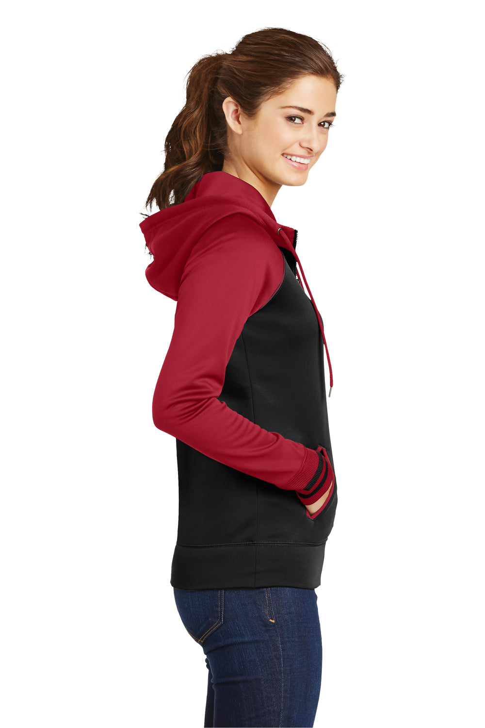 Sport-Tek LST236 Womens Sport-Wick Moisture Wicking Fleece Hooded Sweatshirt Hoodie Black/Red Side