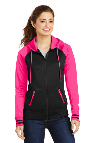 Sport-Tek LST236 Womens Sport-Wick Moisture Wicking Fleece Hooded Sweatshirt Hoodie Black/Neon Pink Front