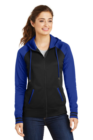 Sport-Tek LST236 Womens Sport-Wick Moisture Wicking Fleece Hooded Sweatshirt Hoodie Black/Royal Blue Front