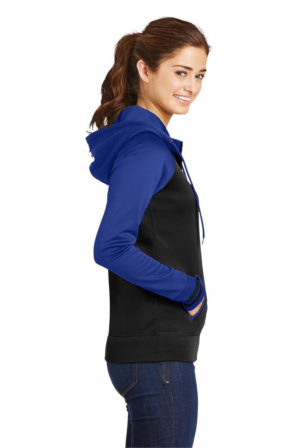 Sport-Tek LST236 Womens Sport-Wick Moisture Wicking Fleece Hooded Sweatshirt Hoodie Black/Royal Blue Side