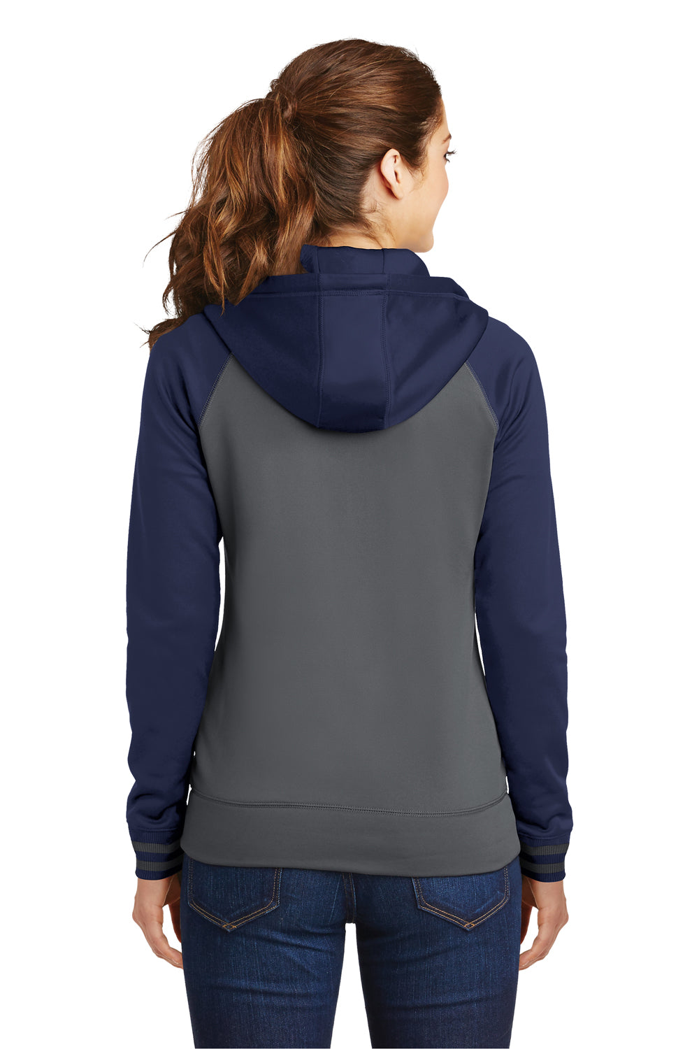Sport-Tek LST236 Womens Sport-Wick Moisture Wicking Fleece Hooded Sweatshirt Hoodie Dark Grey/Navy Blue Back