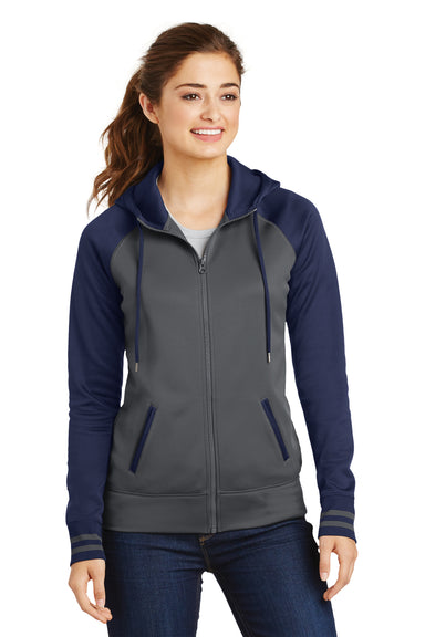 Sport-Tek LST236 Womens Sport-Wick Moisture Wicking Fleece Hooded Sweatshirt Hoodie Dark Grey/Navy Blue Front