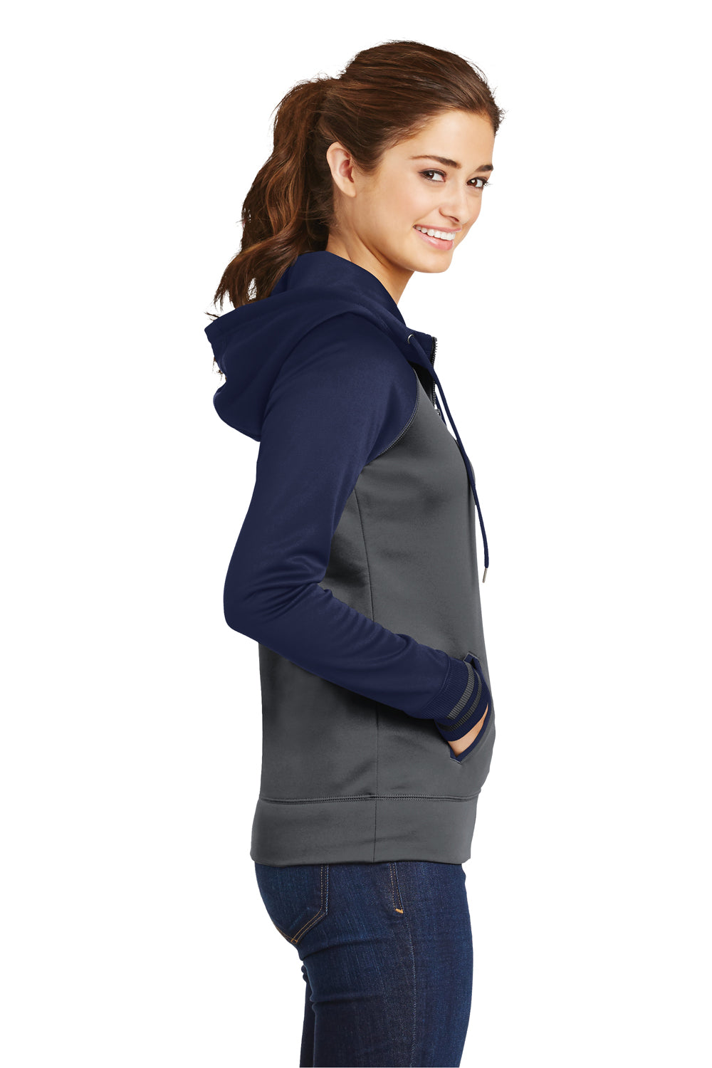 Sport-Tek LST236 Womens Sport-Wick Moisture Wicking Fleece Hooded Sweatshirt Hoodie Dark Grey/Navy Blue Side