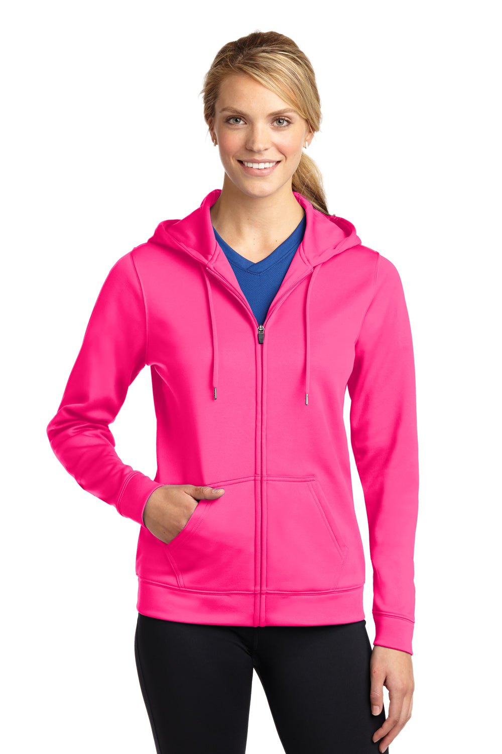 Sport-Tek LST238 Womens Sport-Wick Moisture Wicking Fleece Full Zip Hooded Sweatshirt Hoodie Neon Pink Front