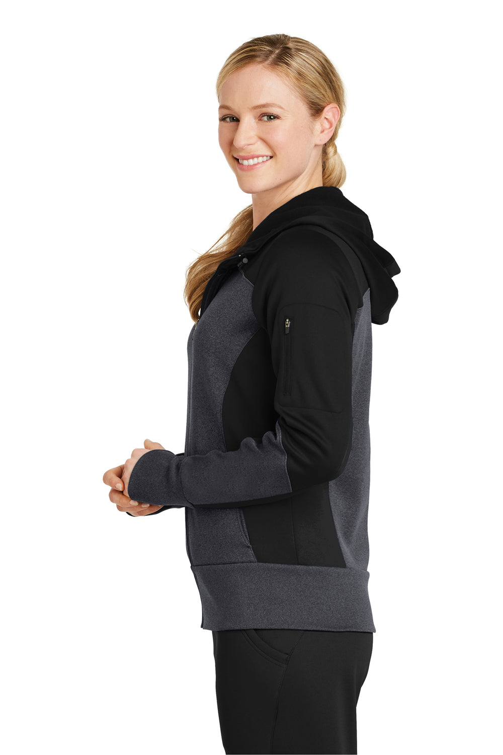 Sport-Tek LST245 Womens Moisture Wicking Full Zip Tech Fleece Hooded Jacket Black/Grey Side