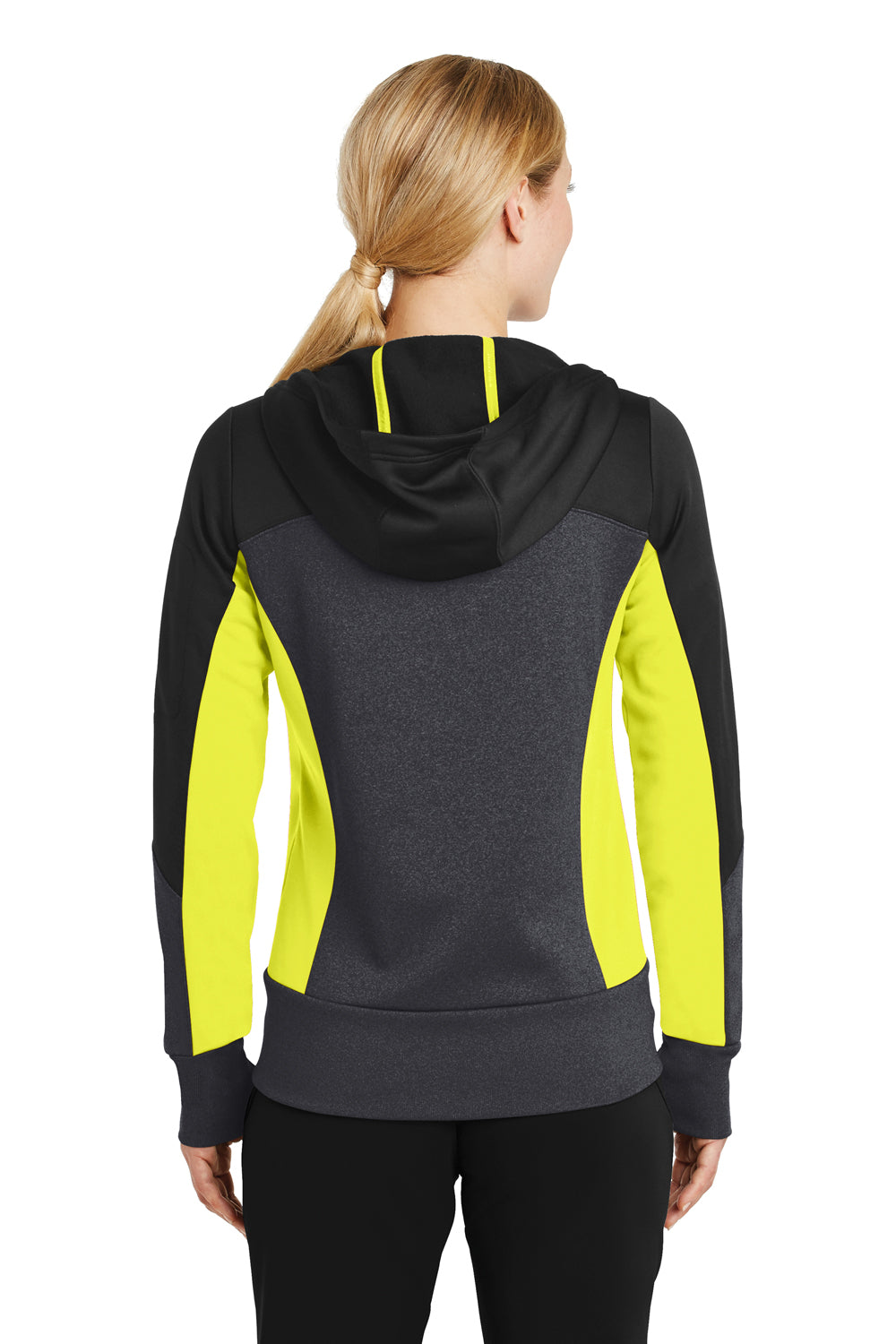 Sport-Tek LST245 Womens Moisture Wicking Full Zip Tech Fleece Hooded Jacket Black/Grey/Citron Green Back