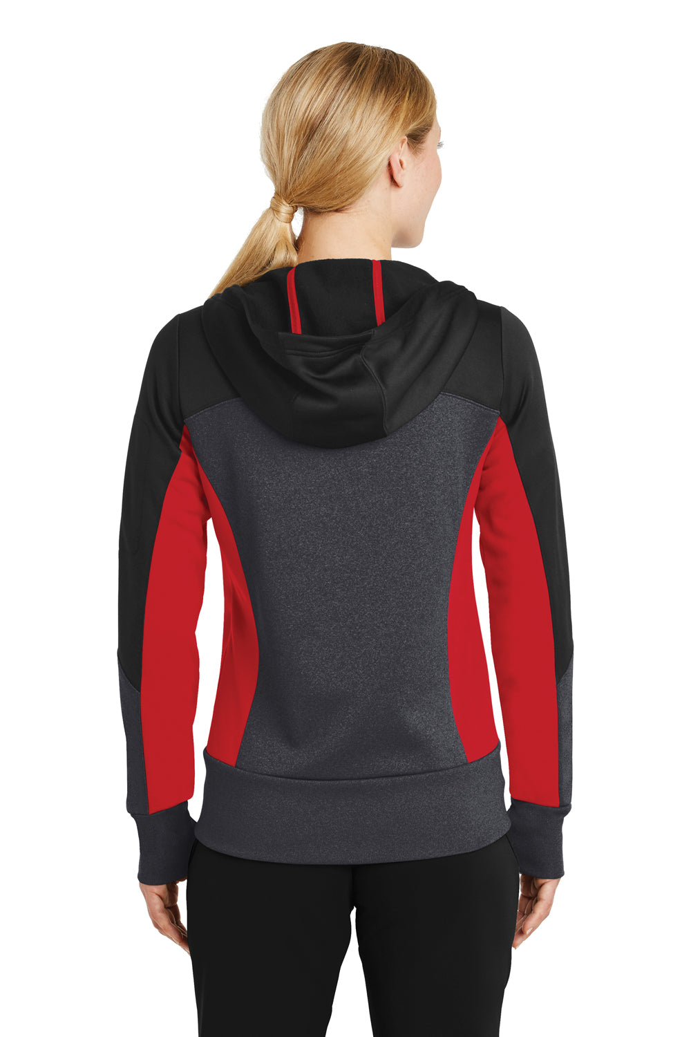 Sport-Tek LST245 Womens Moisture Wicking Full Zip Tech Fleece Hooded Jacket Black/Grey/Red Back