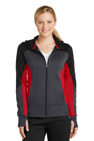 Sport-Tek LST245 Womens Moisture Wicking Full Zip Tech Fleece Hooded Jacket Black/Grey/Red Front