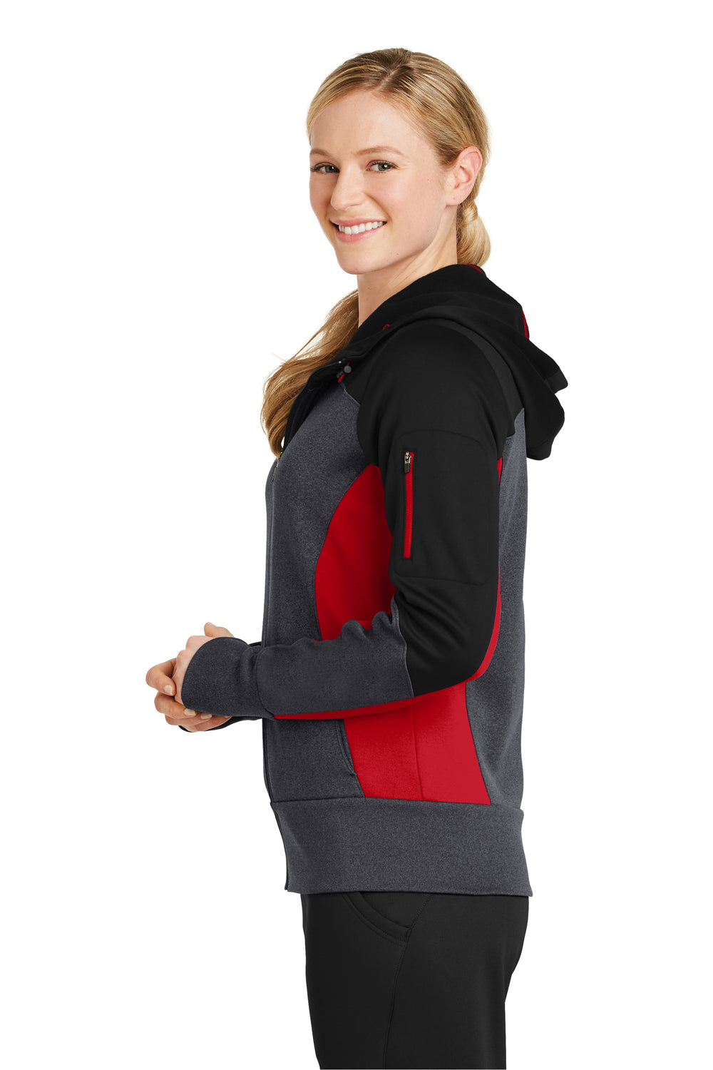 Sport-Tek LST245 Womens Moisture Wicking Full Zip Tech Fleece Hooded Jacket Black/Grey/Red Side