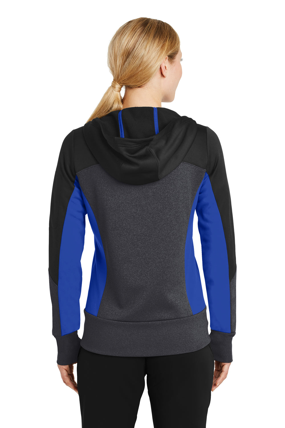 Sport-Tek LST245 Womens Moisture Wicking Full Zip Tech Fleece Hooded Jacket Black/Grey/Royal Blue Back