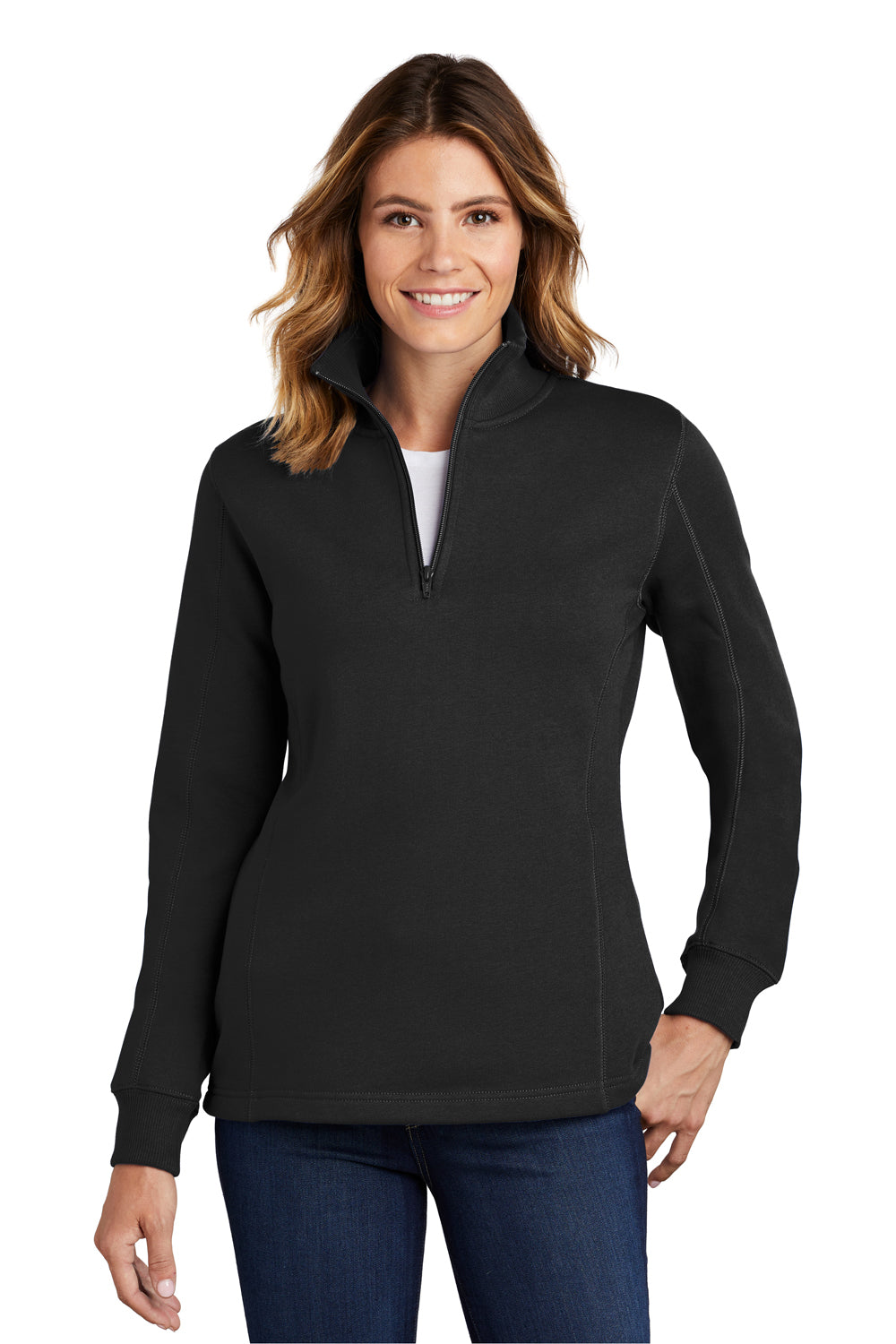 Sport-Tek LST253 Womens Fleece 1/4 Zip Sweatshirt Black Front