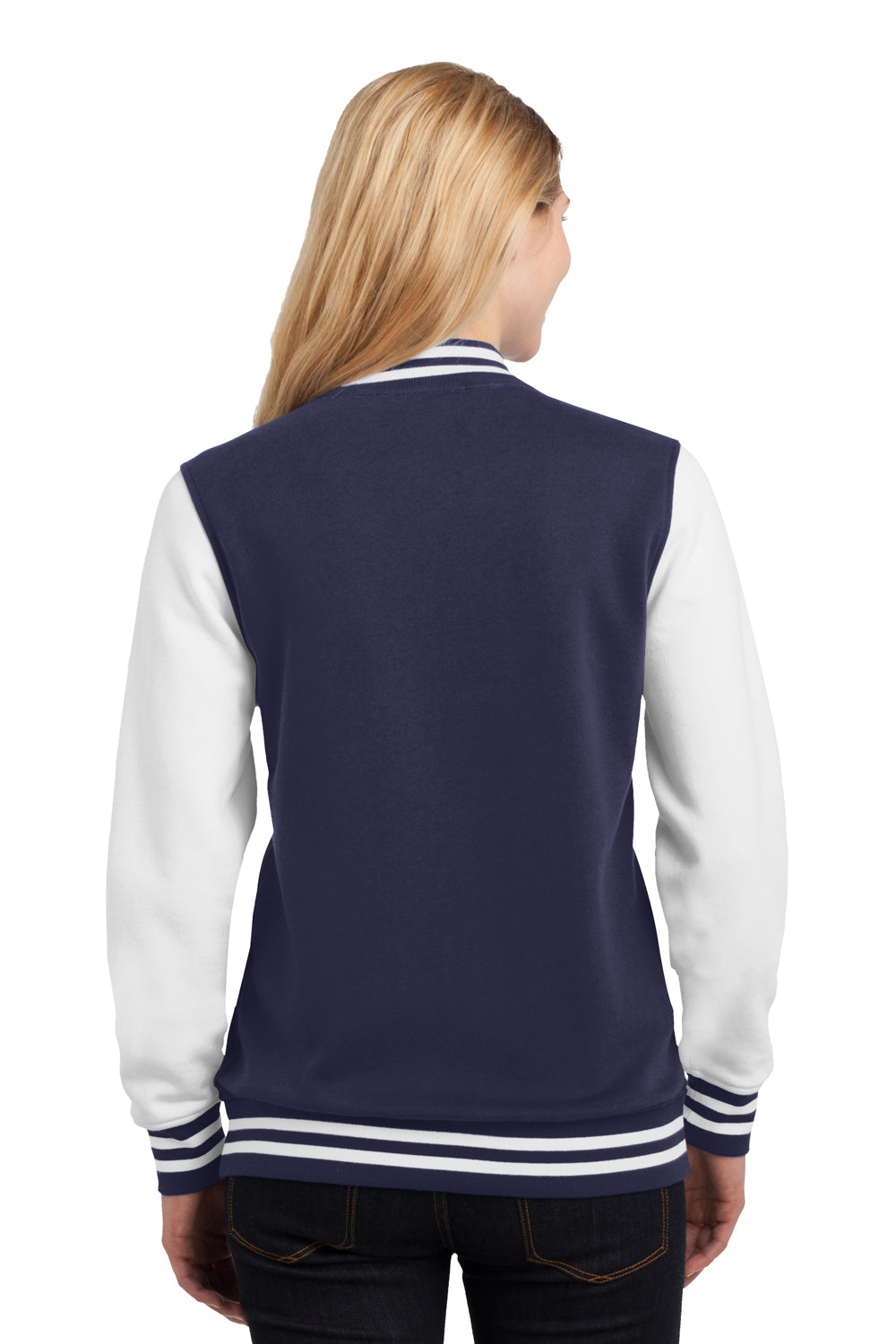 Sport-Tek LST270 Womens Snap Down Fleece Letterman Jacket Navy Blue Back