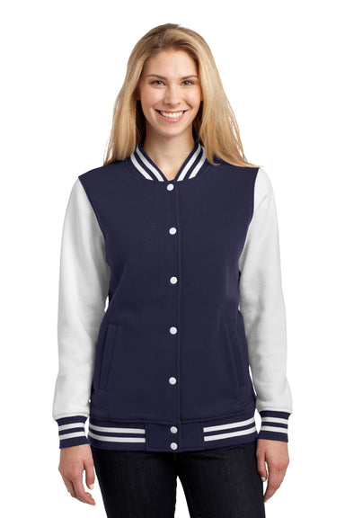 Sport-Tek LST270 Womens Snap Down Fleece Letterman Jacket Navy Blue Front