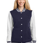 Sport-Tek Womens Snap Down Fleece Letterman Jacket - True Navy Blue/White - Closeout