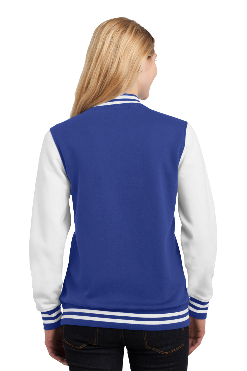 Sport-Tek LST270 Womens Snap Down Fleece Letterman Jacket Royal Blue Back