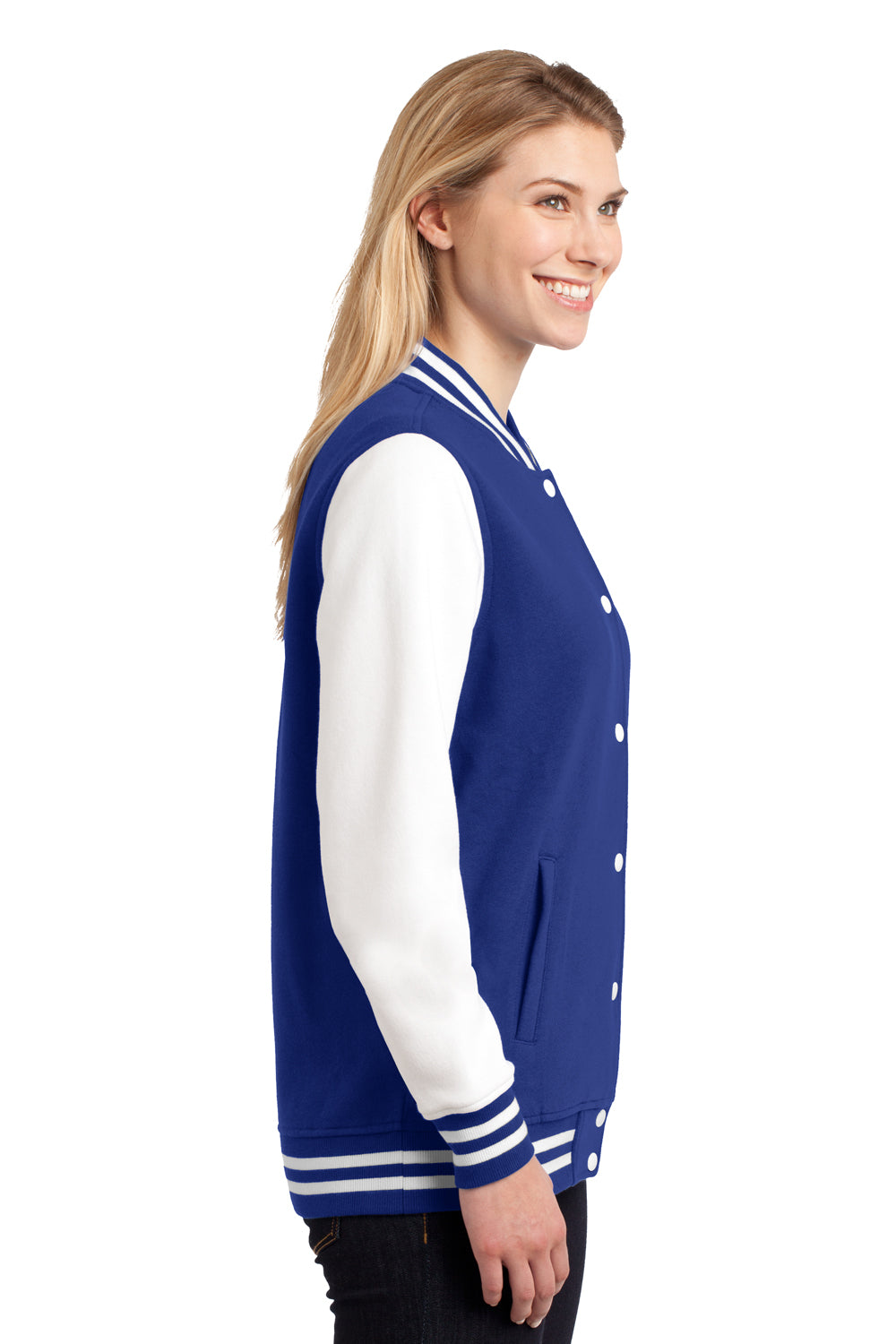 Sport-Tek LST270 Womens Snap Down Fleece Letterman Jacket Royal Blue Side