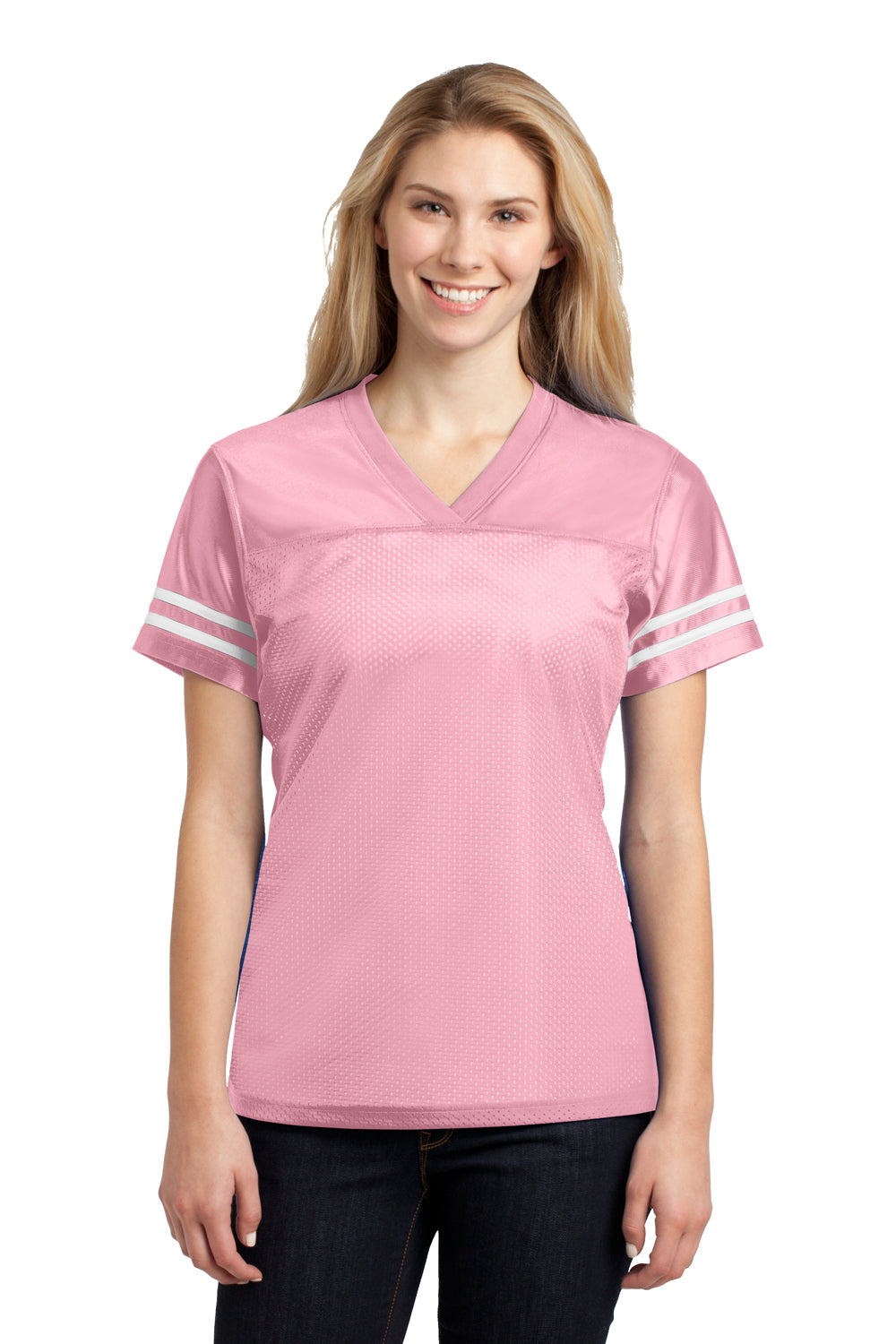 Sport-Tek LST307 Womens Short Sleeve V-Neck T-Shirt Pink Front