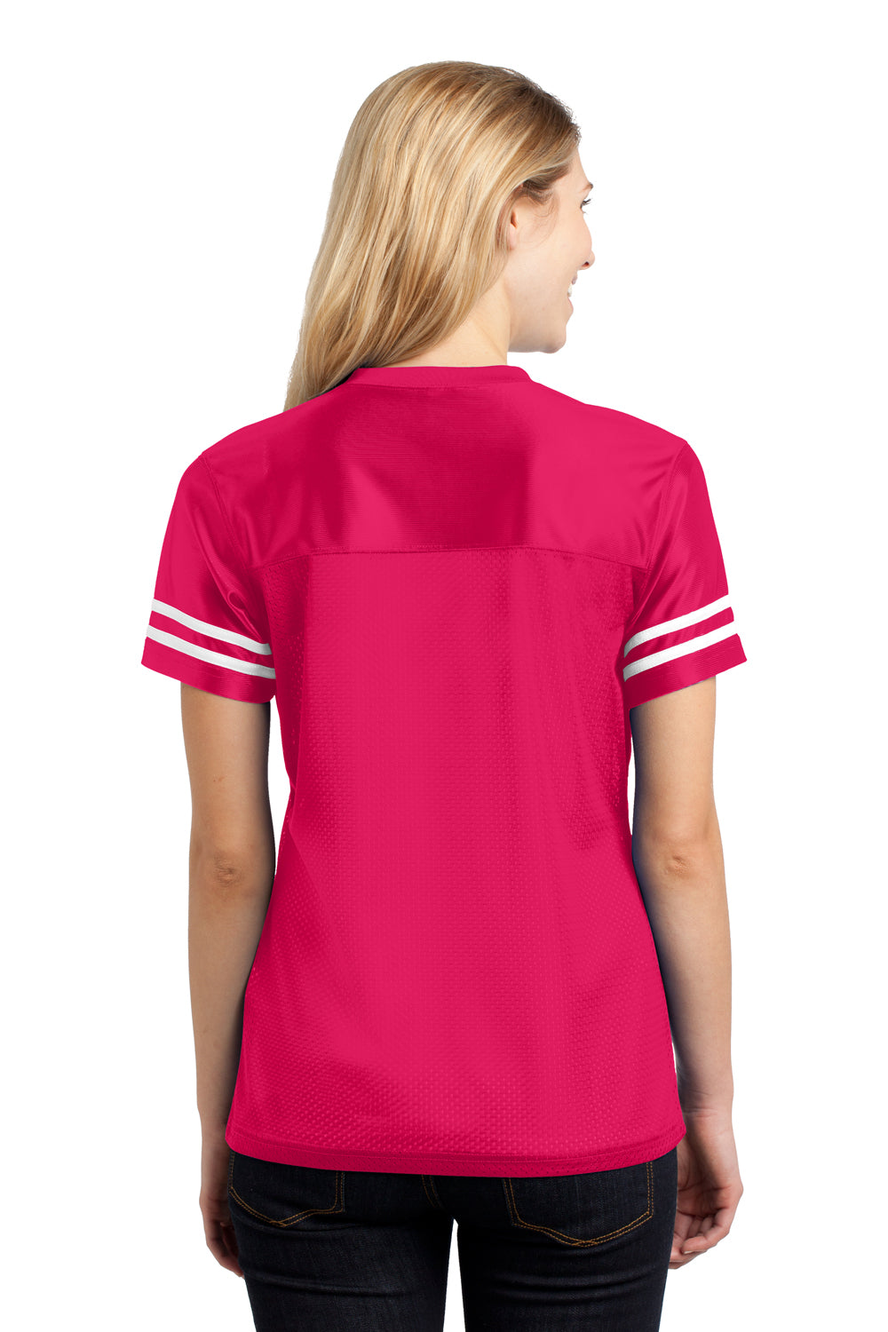 Sport-Tek LST307 Womens Short Sleeve V-Neck T-Shirt Fuchsia Pink Back