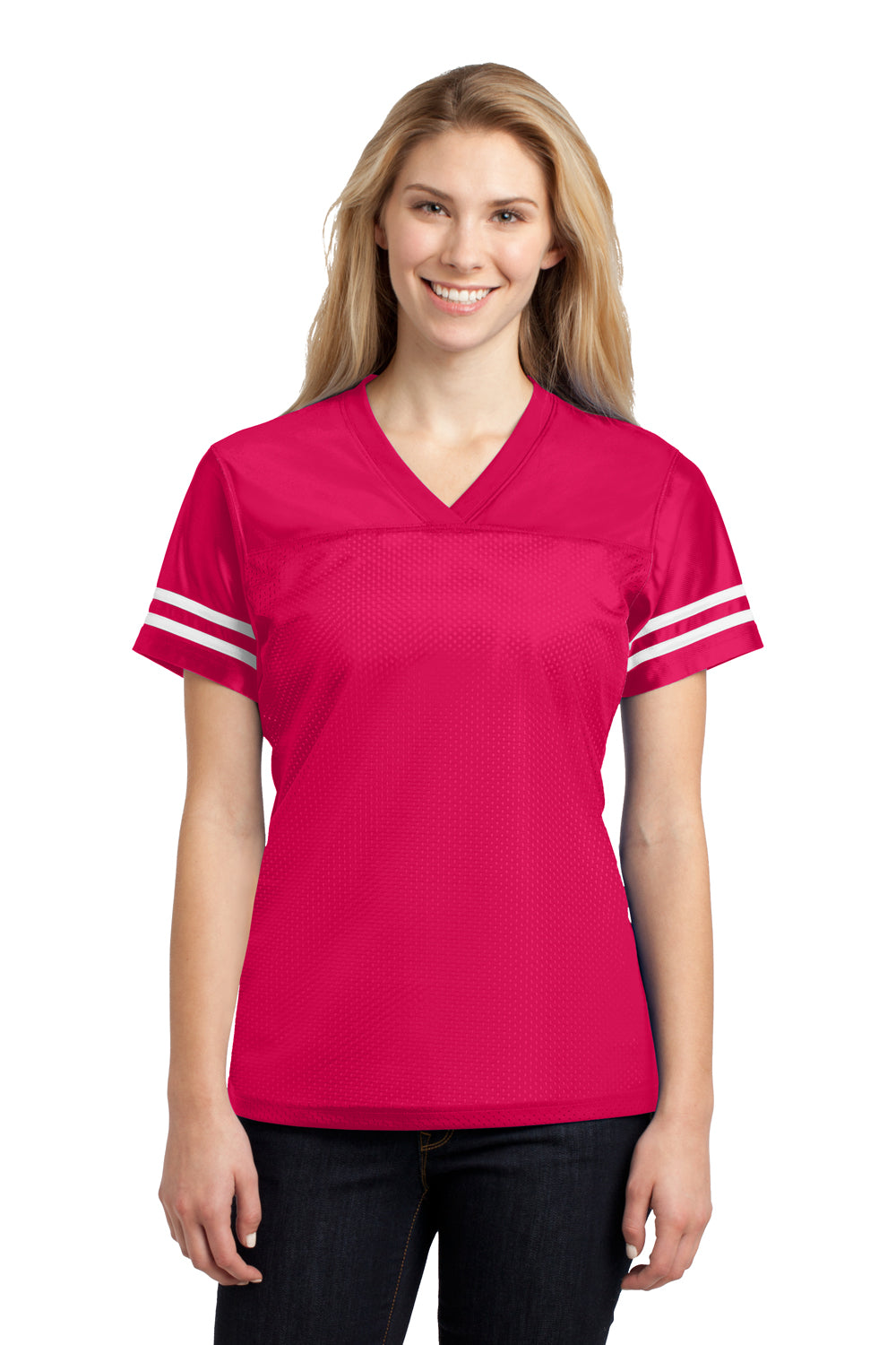 Sport-Tek LST307 Womens Short Sleeve V-Neck T-Shirt Fuchsia Pink Front
