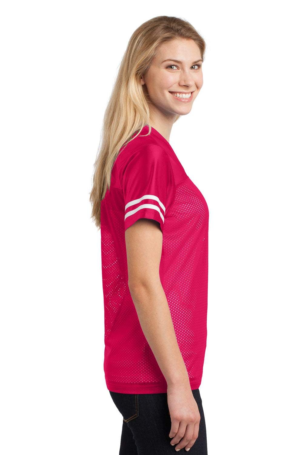 Sport-Tek LST307 Womens Short Sleeve V-Neck T-Shirt Fuchsia Pink Side