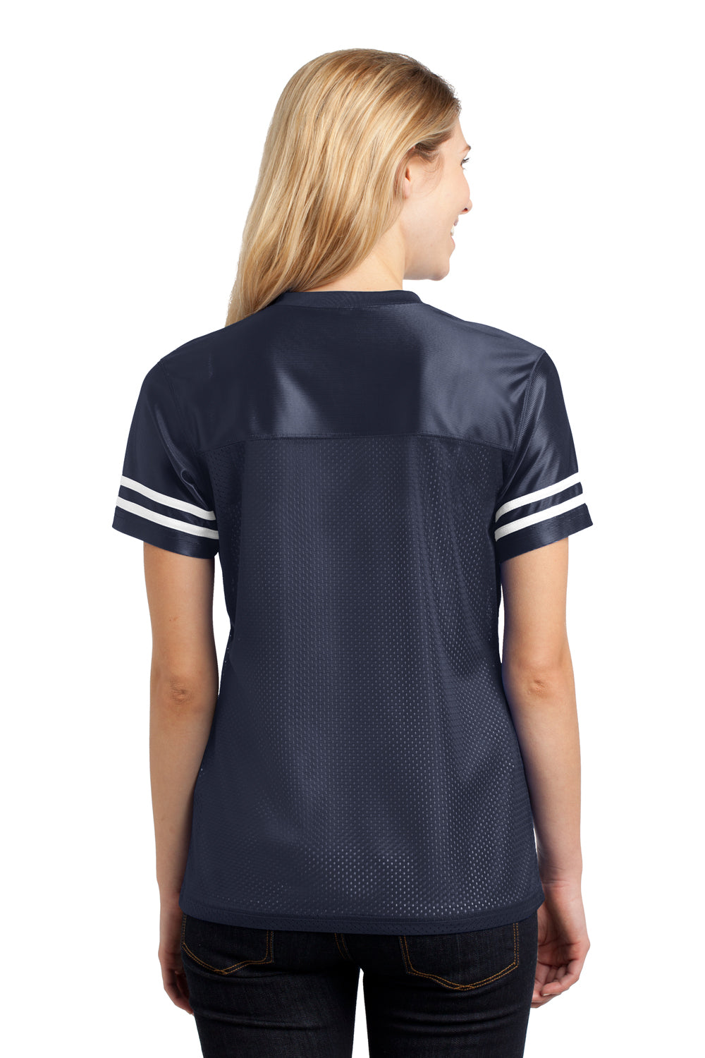 Sport-Tek LST307 Womens Short Sleeve V-Neck T-Shirt Navy Blue Back