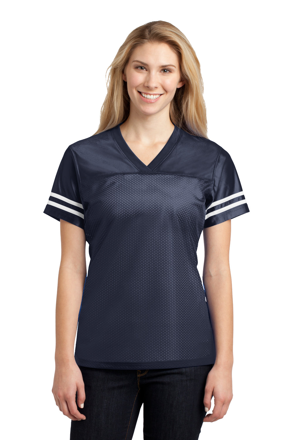 Sport-Tek LST307 Womens Short Sleeve V-Neck T-Shirt Navy Blue Front