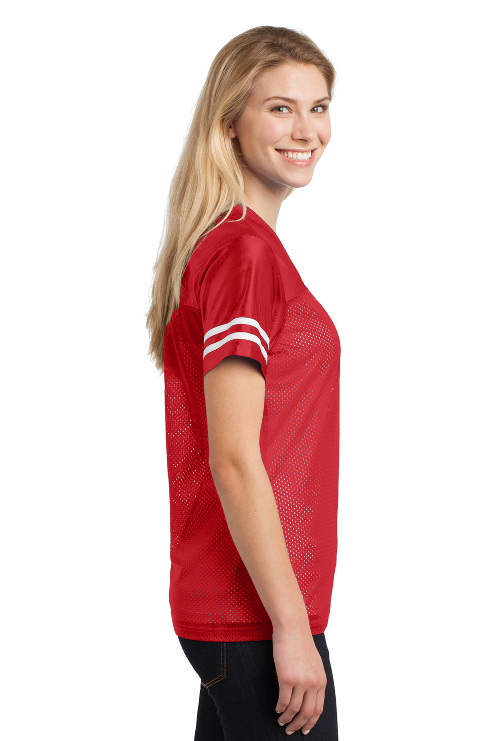 Sport-Tek LST307 Womens Short Sleeve V-Neck T-Shirt Red Side