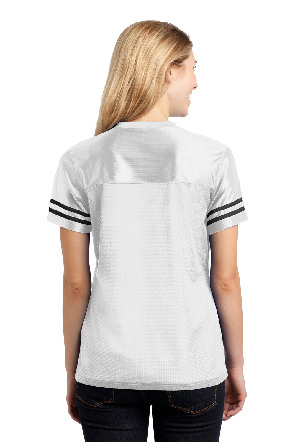 Sport-Tek LST307 Womens Short Sleeve V-Neck T-Shirt White Back