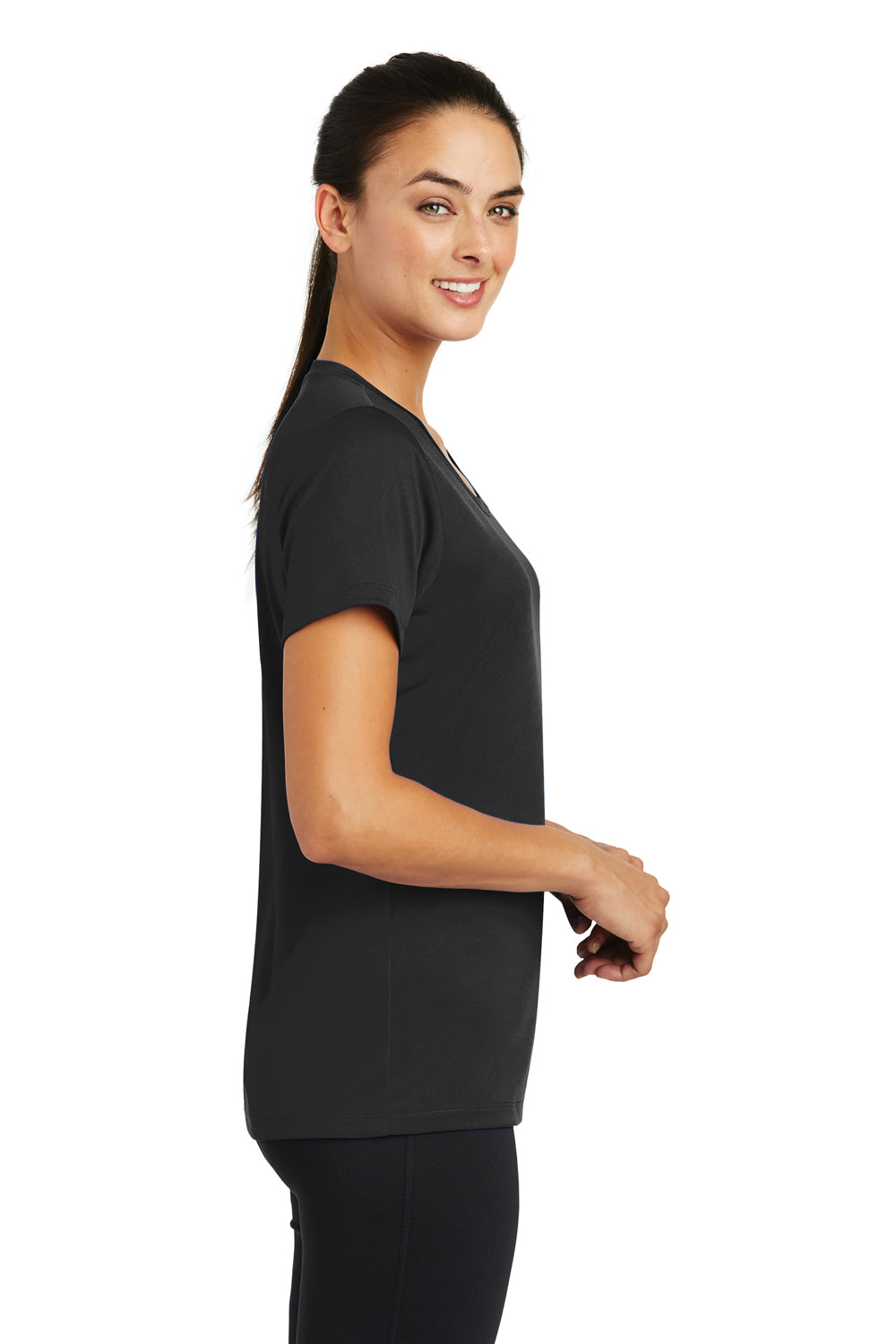 Sport-Tek LST320 Womens Tough Moisture Wicking Short Sleeve Crewneck T-Shirt Black Side