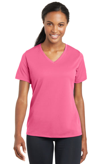 Sport-Tek LST340 Womens RacerMesh Moisture Wicking Short Sleeve V-Neck T-Shirt Pink Front
