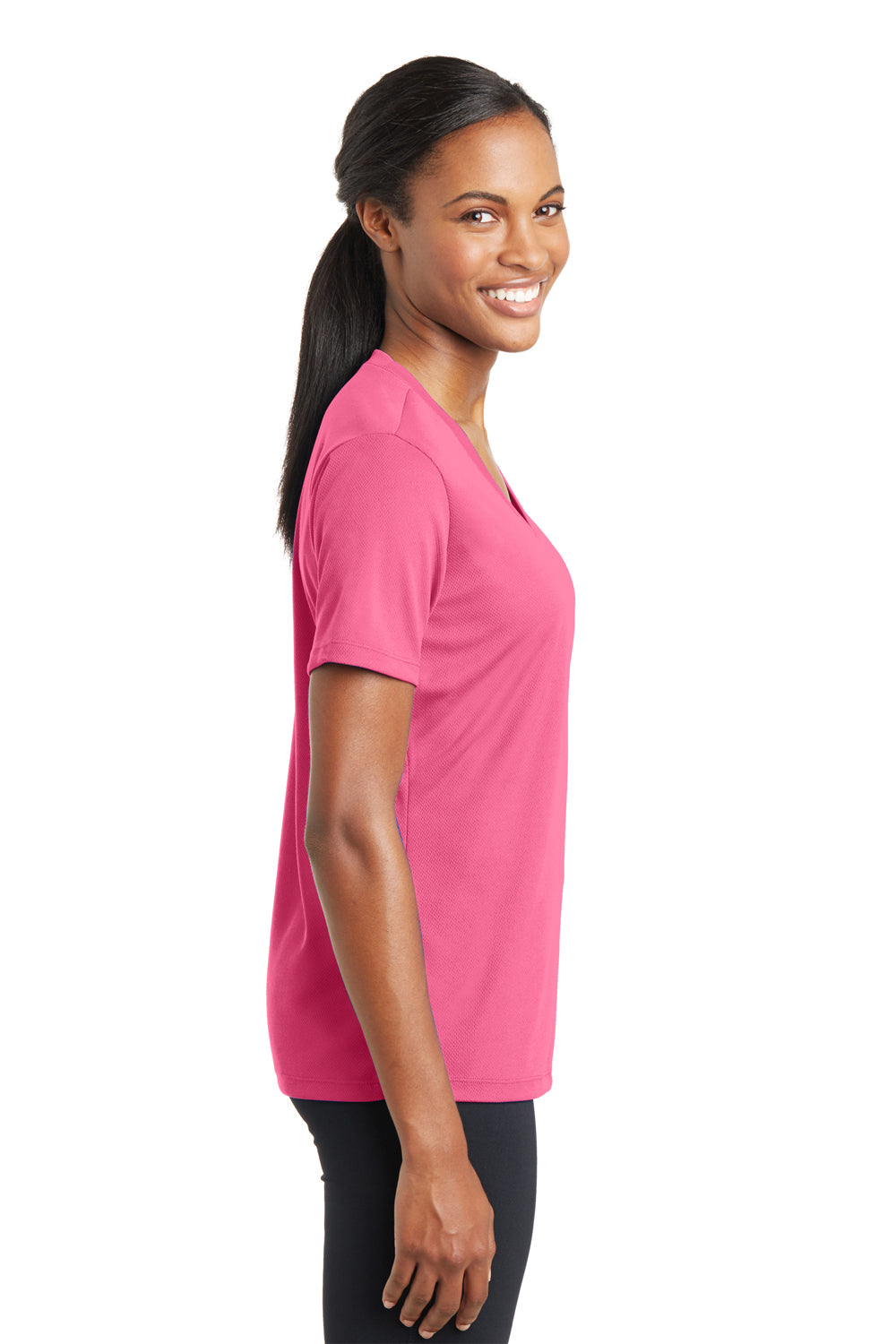 Sport-Tek LST340 Womens RacerMesh Moisture Wicking Short Sleeve V-Neck T-Shirt Pink Side