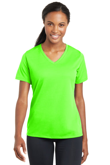 Sport-Tek LST340 Womens RacerMesh Moisture Wicking Short Sleeve V-Neck T-Shirt Neon Green Front