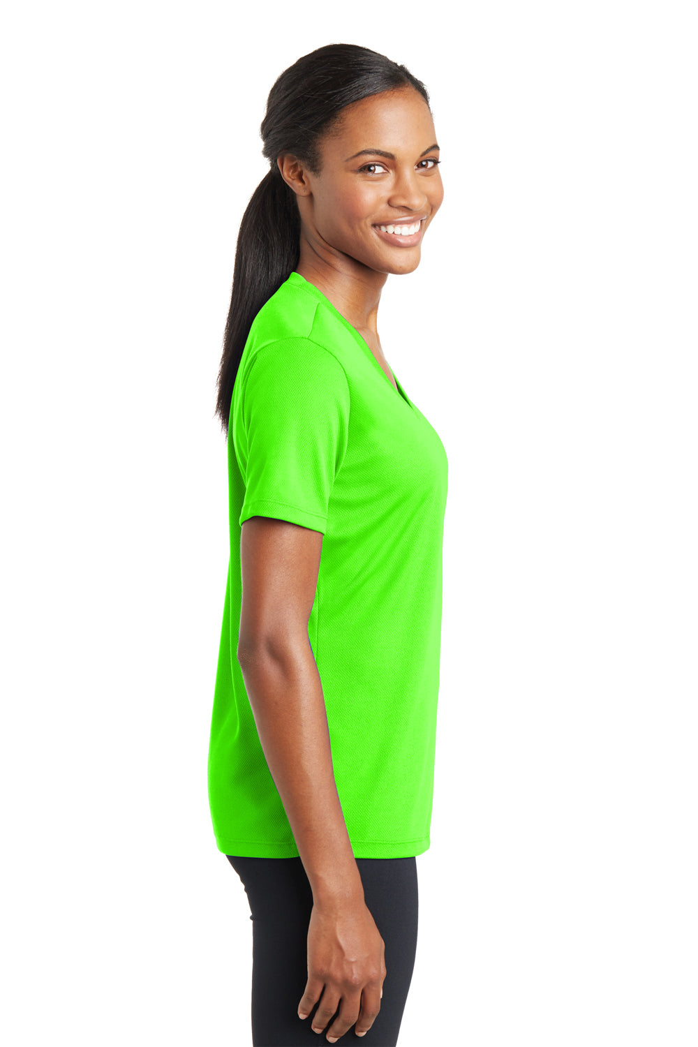 Sport-Tek LST340 Womens RacerMesh Moisture Wicking Short Sleeve V-Neck T-Shirt Neon Green Side
