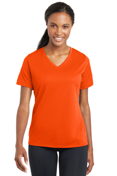 Sport-Tek LST340 Womens RacerMesh Moisture Wicking Short Sleeve V-Neck T-Shirt Neon Orange Front