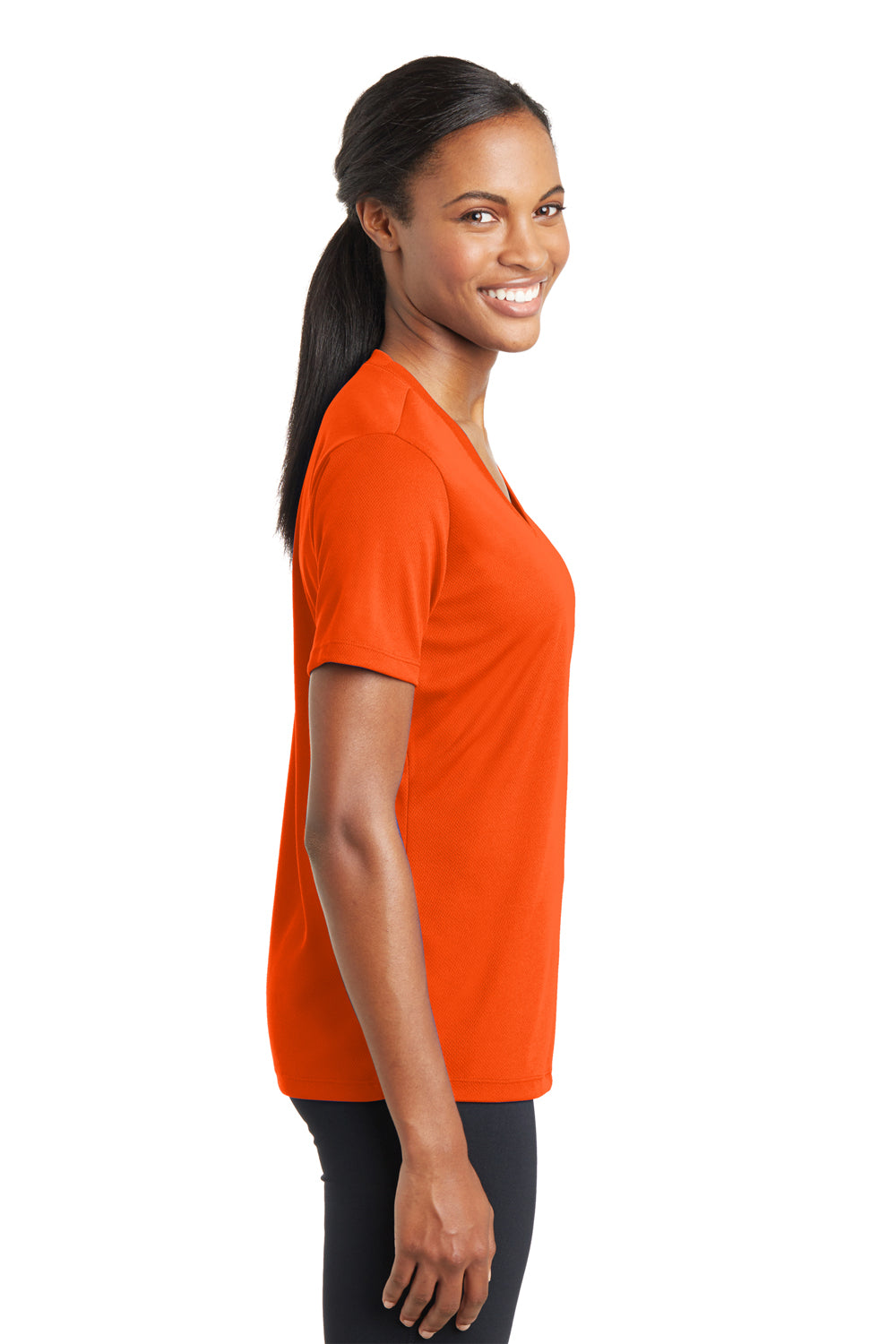 Sport-Tek LST340 Womens Neon Orange RacerMesh Moisture Wicking Short Sleeve  V-Neck T-Shirt —