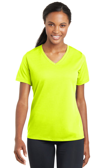 Sport-Tek LST340 Womens RacerMesh Moisture Wicking Short Sleeve V-Neck T-Shirt Neon Yellow Front