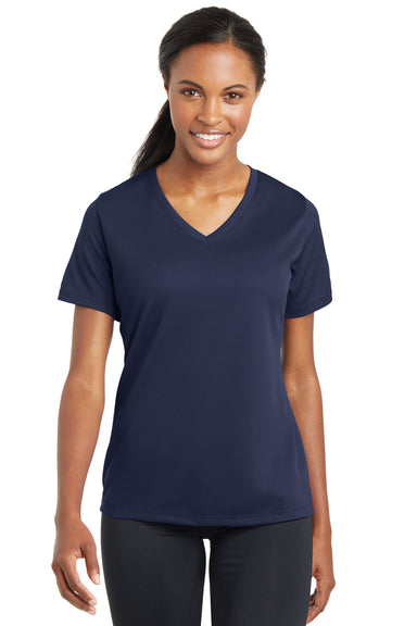 Sport-Tek LST340 Womens RacerMesh Moisture Wicking Short Sleeve V-Neck T-Shirt Navy Blue Front