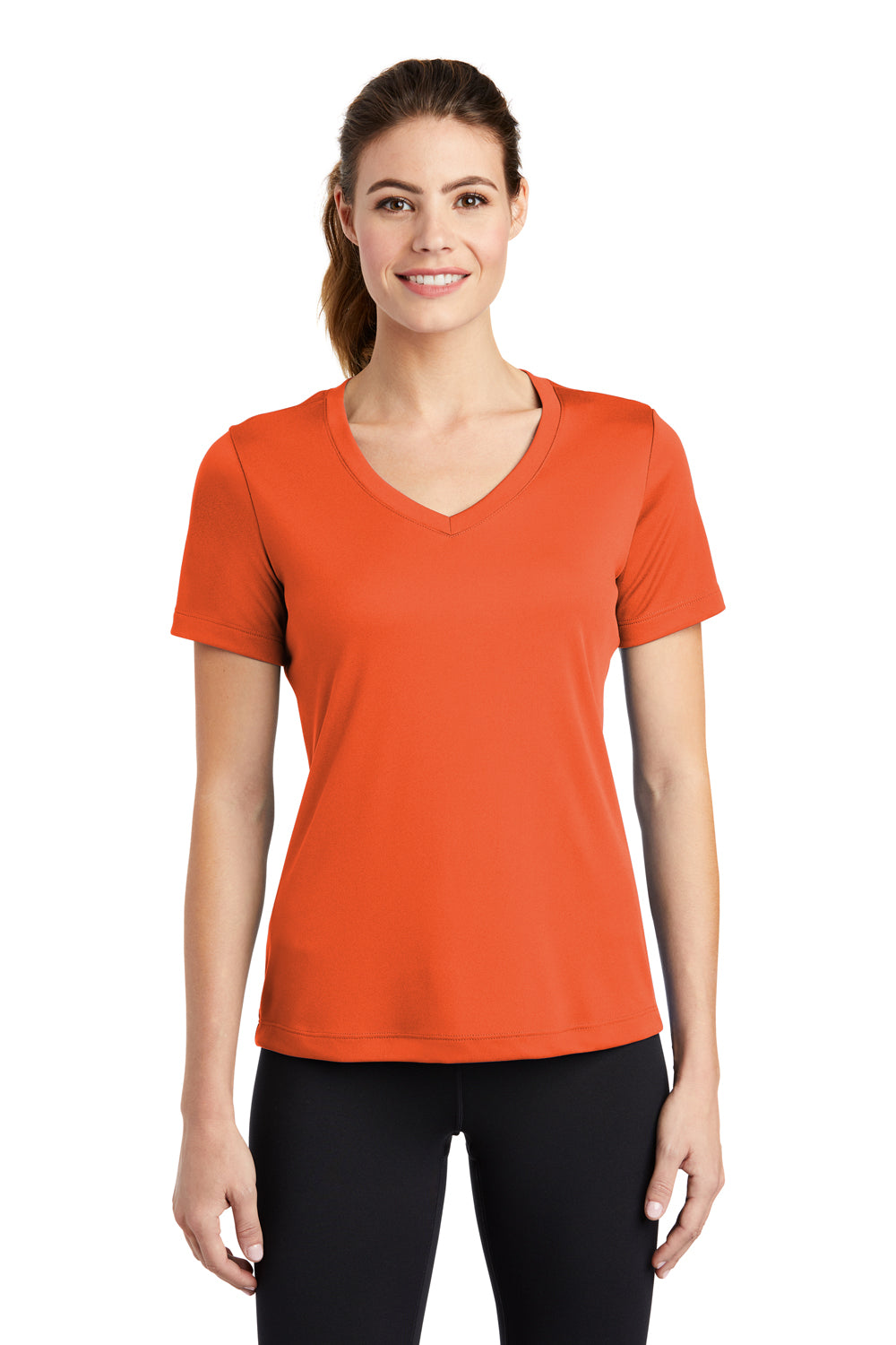 Sport-Tek LST353 Womens Competitor Moisture Wicking Short Sleeve V-Neck T-Shirt Orange Front
