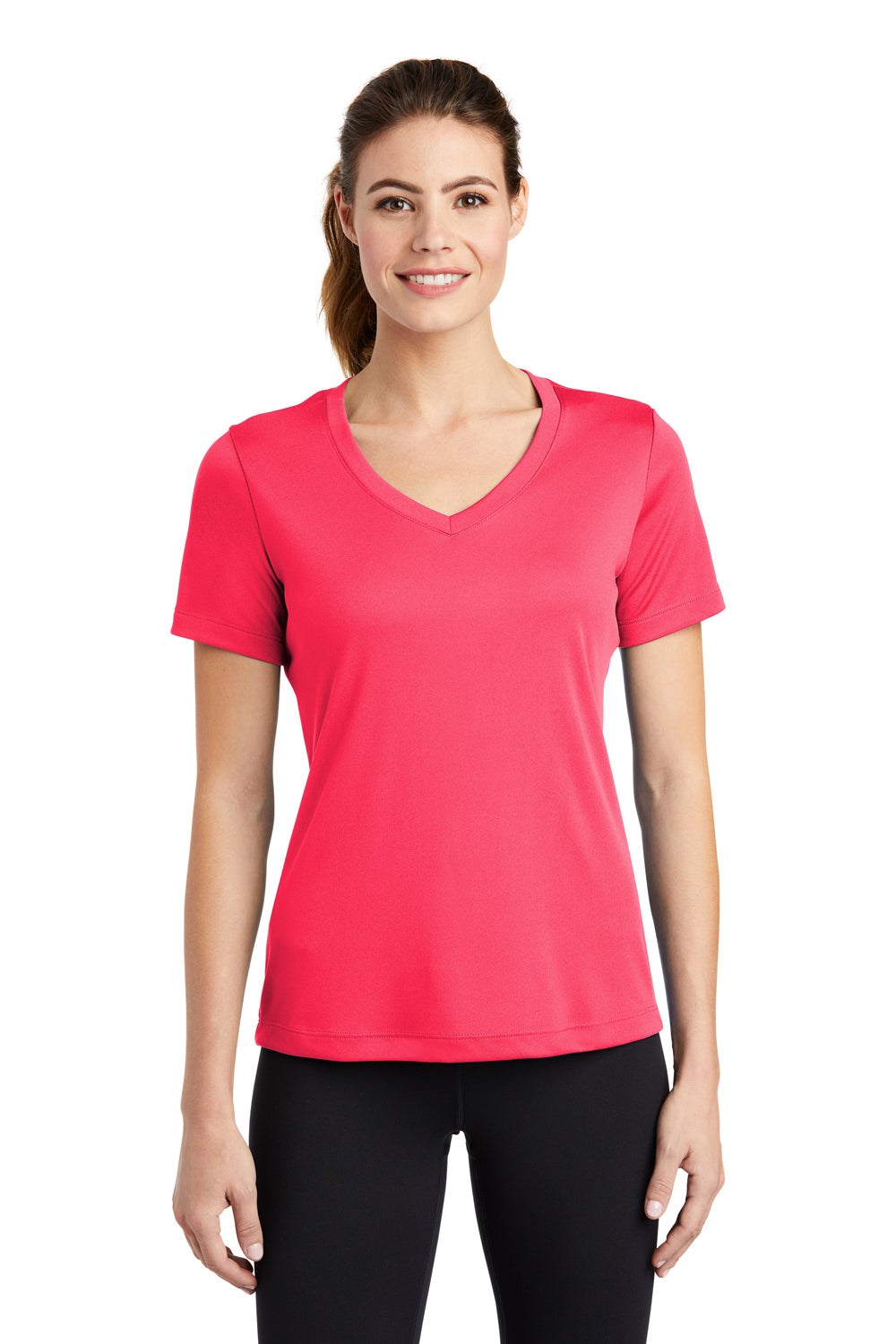Sport-Tek LST353 Womens Competitor Moisture Wicking Short Sleeve V-Neck T-Shirt Hot Coral Pink Front