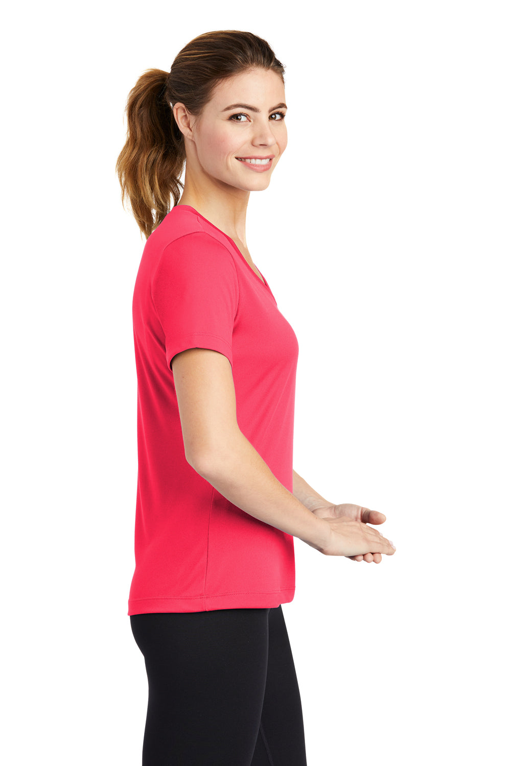 Sport-Tek LST353 Womens Competitor Moisture Wicking Short Sleeve V-Neck T-Shirt Hot Coral Pink Side
