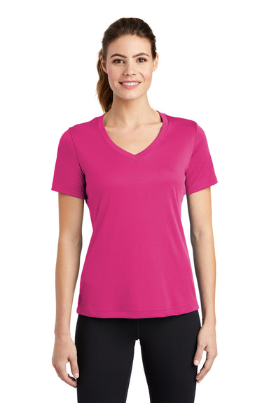 Sport-Tek LST353 Womens Competitor Moisture Wicking Short Sleeve V-Neck T-Shirt Fuchsia Pink Front