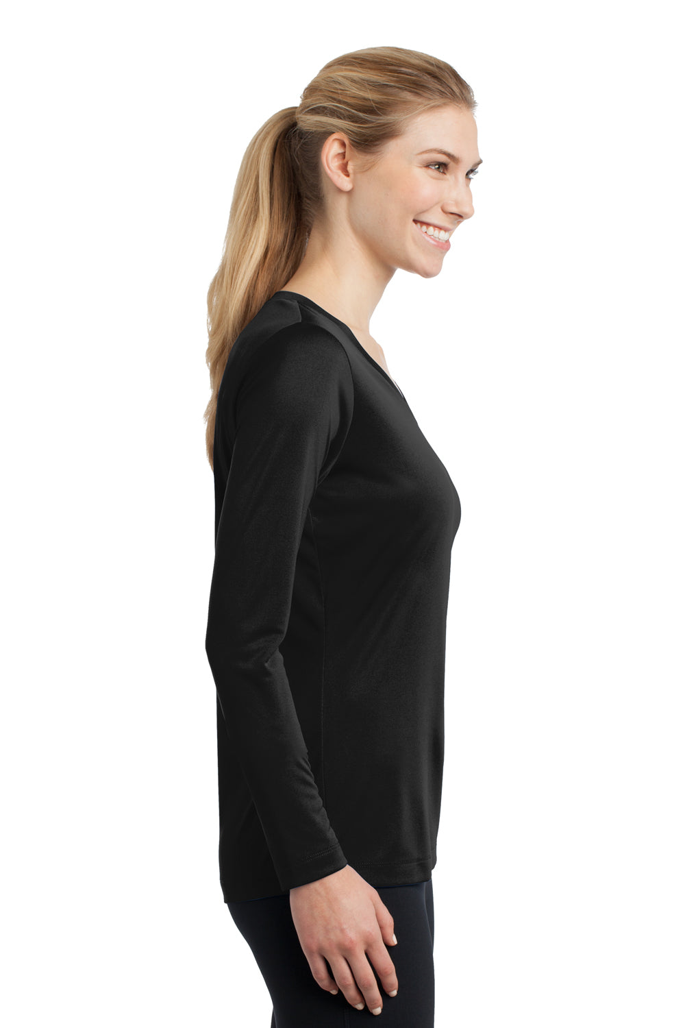 Sport-Tek LST353LS Womens Competitor Moisture Wicking Long Sleeve V-Neck T-Shirt Black Side