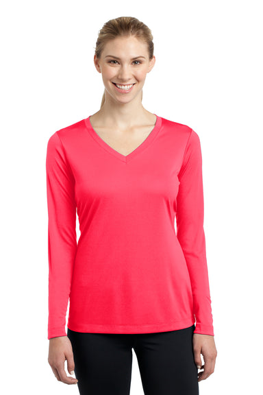 Sport-Tek LST353LS Womens Competitor Moisture Wicking Long Sleeve V-Neck T-Shirt Hot Coral Pink Front