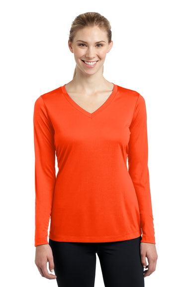 Sport-Tek LST353LS Womens Competitor Moisture Wicking Long Sleeve V-Neck T-Shirt Neon Orange Front