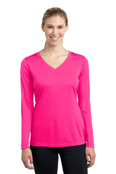 Sport-Tek LST353LS Womens Competitor Moisture Wicking Long Sleeve V-Neck T-Shirt Neon Pink Front