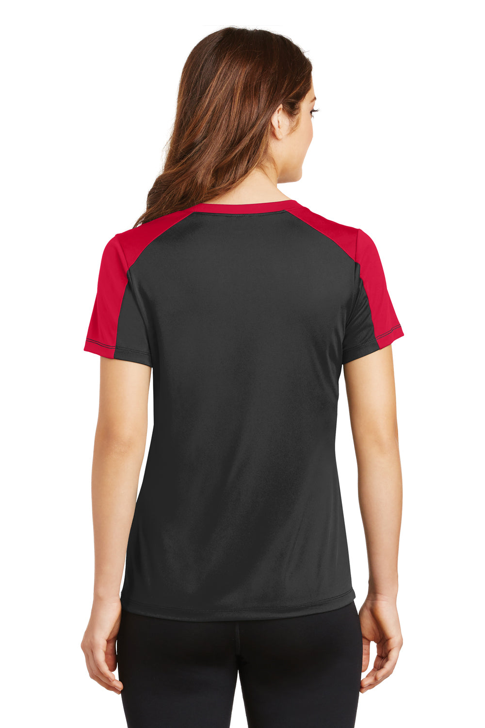 Sport-Tek LST354 Womens Competitor Moisture Wicking Short Sleeve V-Neck T-Shirt Black/Red Back