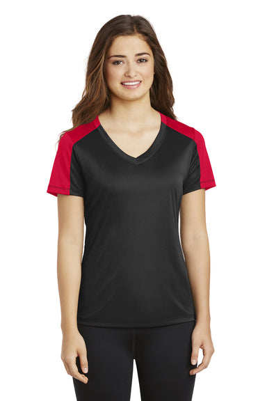 Sport-Tek LST354 Womens Competitor Moisture Wicking Short Sleeve V-Neck T-Shirt Black/Red Front